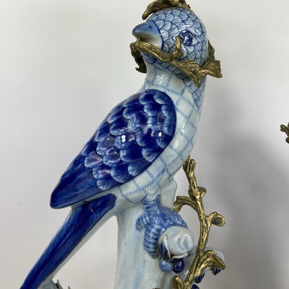 Pair of Vtg Porcelain & Brass ? Ormolu 14” Candlestick Holders Blue Bird Parrot - Picture 2 of 15